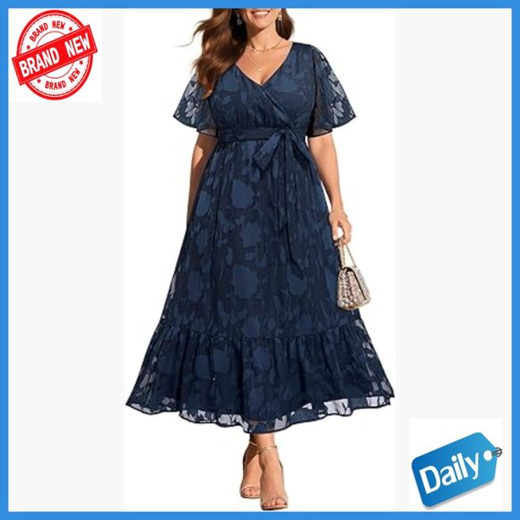 Plus Size Wrap V Neck Maxi Dress for Wedding Guest Cocktail Summer Formal